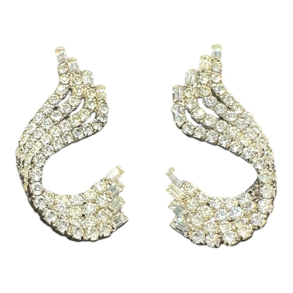 Vintage Art Deco Revival Wing Twist Earrings Old Hollywood Glam Rhinestone Posts - Picture 6 of 15